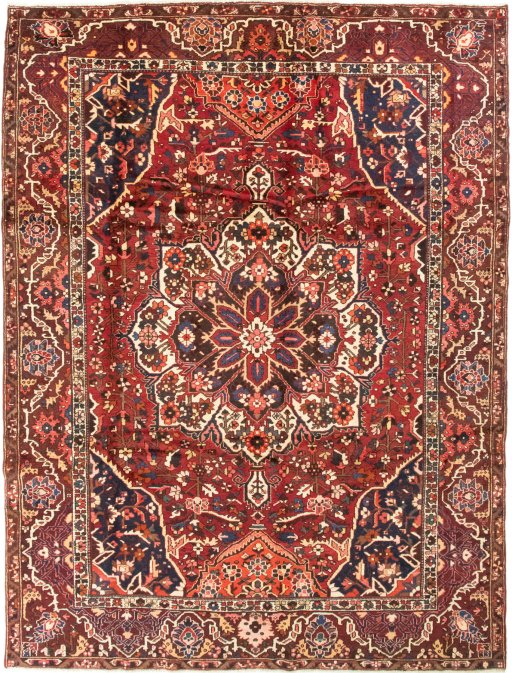 Full view of 1990s Bakhtiar rug from Iran / Persia, 375 × 280 cm in Red tones