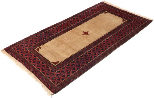 Corner detail of 1940s Baloch rug showing border pattern and Wool pile