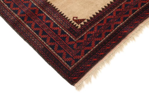 Surface texture of 1940s Baloch rug with natural Wool and intricate pattern