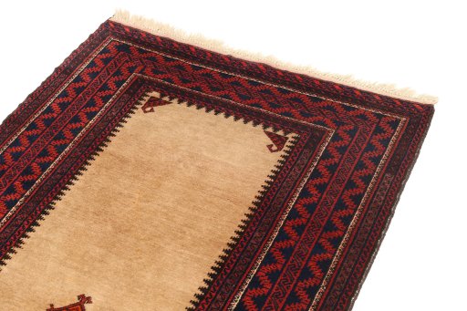 Backside of handmade 1940s Baloch rug showing knot structure and weave density