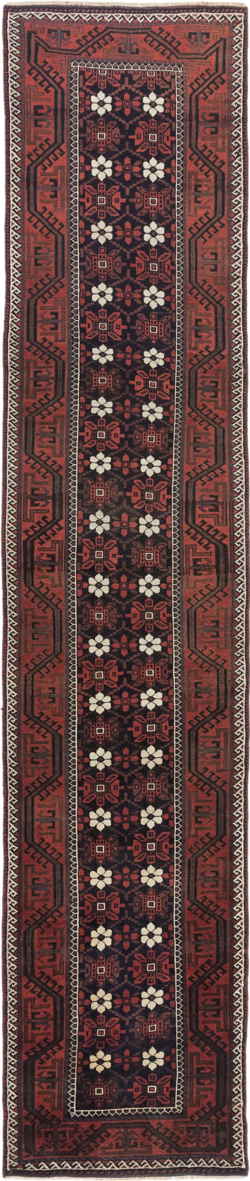 Full view of 1900s Baloch rug from Afghanistan, 450 × 94 cm in Red tones