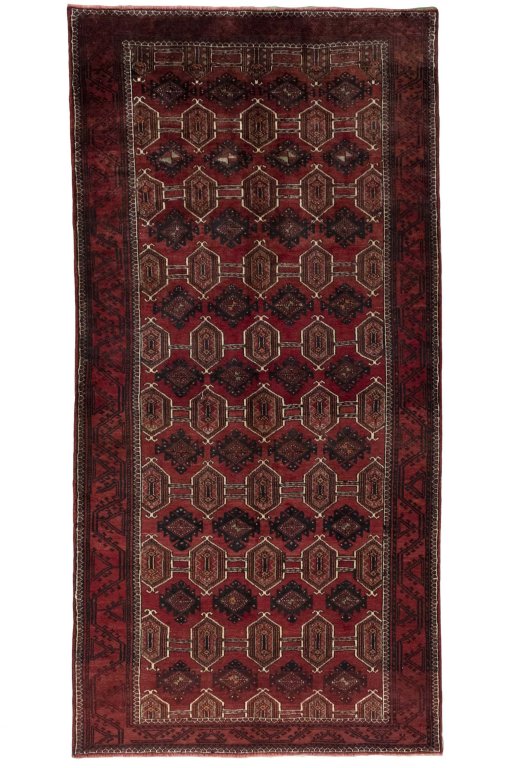 Full view of 2000s Baloch rug from Iran / Persia, 307 × 153 cm in Red tones