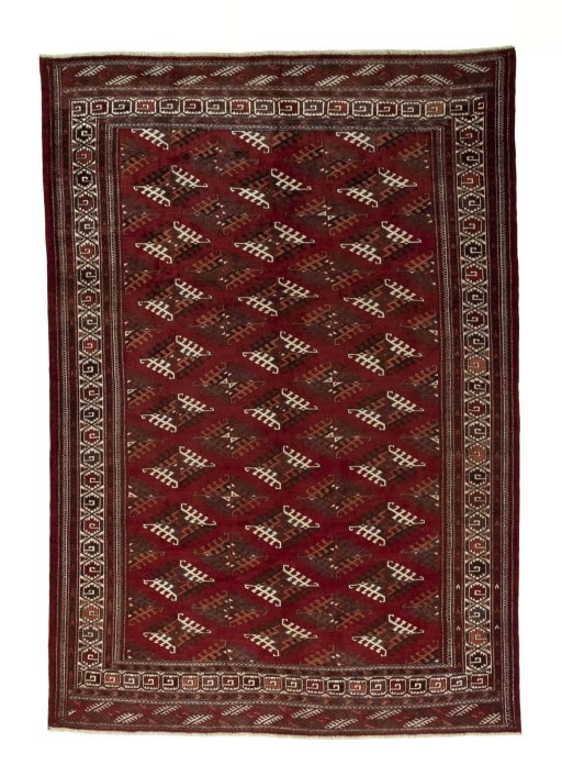 Full view of 1970s Baloch rug from Iran / Persia, 345 × 240 cm in Red tones