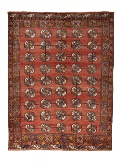 Full view of 1970s Baloch rug from Iran / Persia, 274 × 211 cm in Red tones