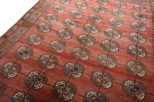 Backside of handmade 1970s Baloch rug showing knot structure and weave density