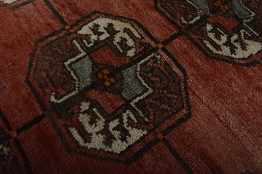 Full view of 1970s Baloch rug from Iran / Persia, 274 × 211 cm in Red tones