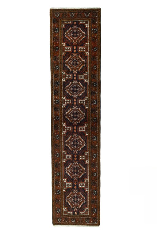 Full view of 2000s Baloch rug from Iran / Persia, 260 × 60 cm in Blue tones