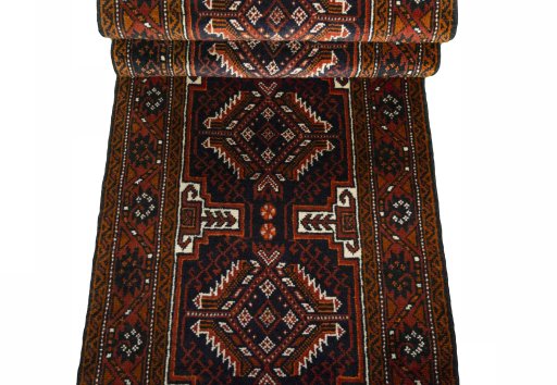 Full view of 2000s Baloch rug from Iran / Persia, 260 × 60 cm in Blue tones