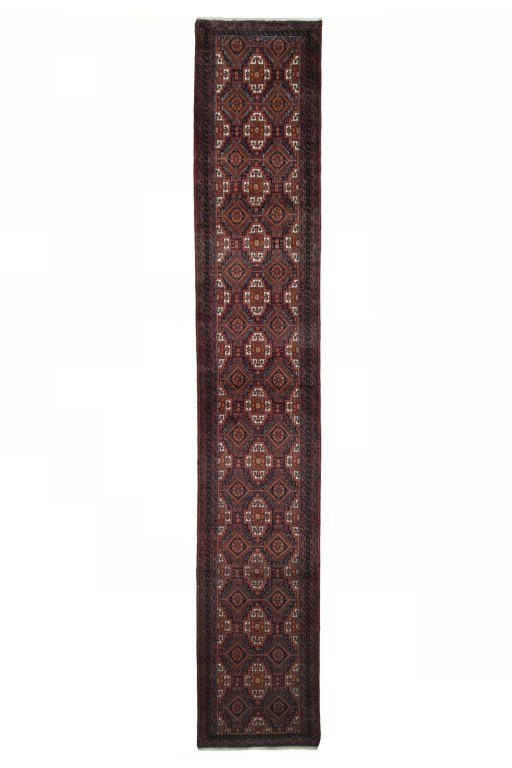 Full view of 2000s Baloch rug from Iran / Persia, 371 × 64 cm in Blue tones