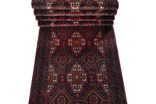 Full view of 2000s Baloch rug from Iran / Persia, 371 × 64 cm in Blue tones