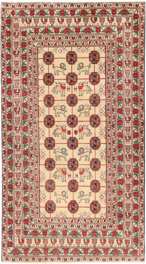 Full view of 1990s Baloch rug from Iran / Persia, 195 × 108 cm in Cream tones