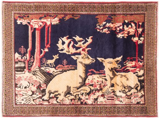 Full view of 1998s Baloch rug from Iran / Persia, 143 × 105 cm in Dark blue tones