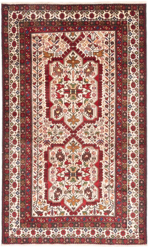 Full view of 1998s Baloch rug from Iran / Persia, 195 × 120 cm in Cream tones