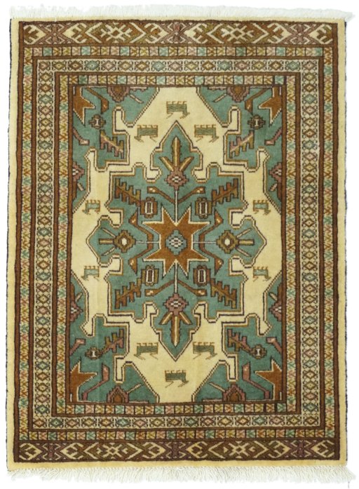 Full view of 2000s Baloch rug from Iran / Persia, 90 × 66 cm in Beige tones