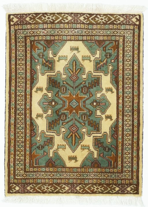 Full view of 2000s Baloch rug from Iran / Persia, 90 × 66 cm in Beige tones