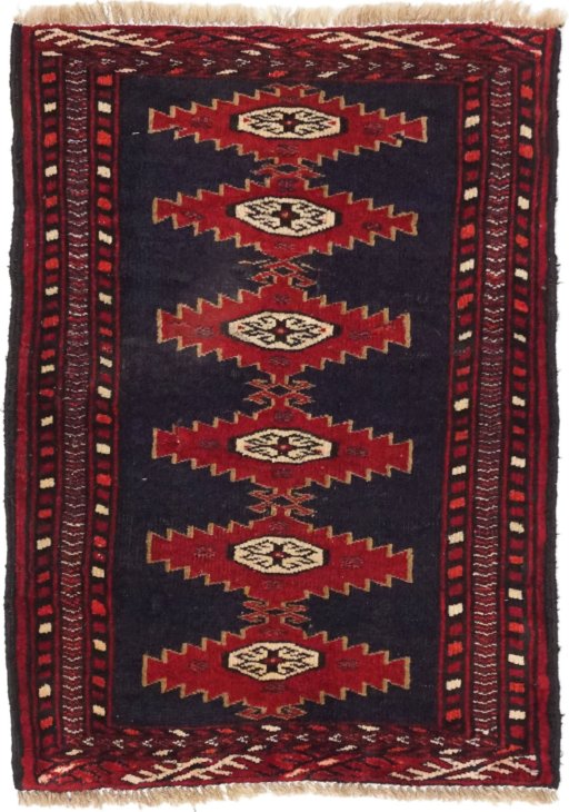 Full view of 1990s Baloch rug from Iran / Persia, 75 × 55 cm in Blue tones