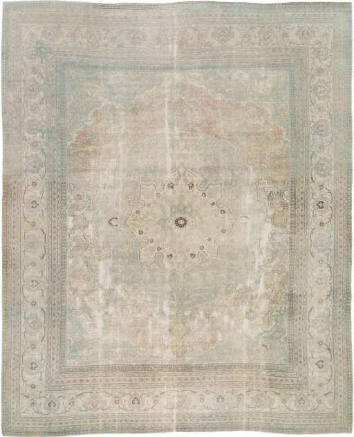 Full view of 1900s Dorokhsh rug from Iran / Persia, 395 × 326 cm in Beige tones