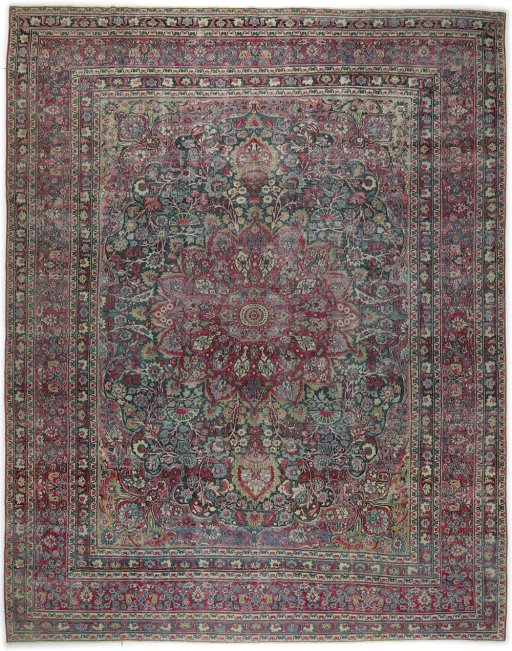 Full view of 1920s Dorokhsh rug from Iran / Persia, 363 × 284 cm in Dark blue tones