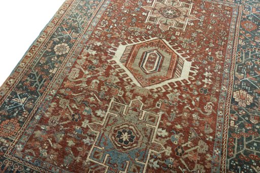 Backside of handmade 1930s Gharajeh rug showing knot structure and weave density