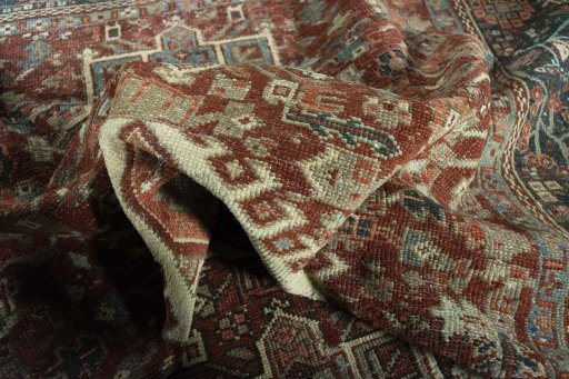 Full view of 1930s Gharajeh rug from Iran / Persia, 184 × 144 cm in Red tones