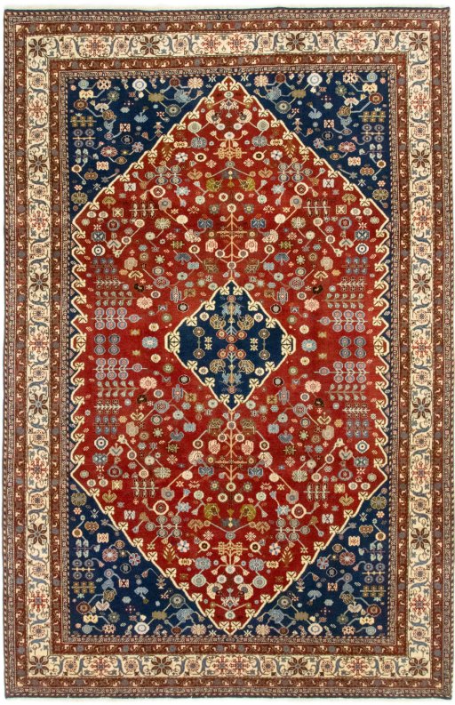 Full view of New Ghashghai rug from Iran / Persia, 307 × 198 cm in Red tones