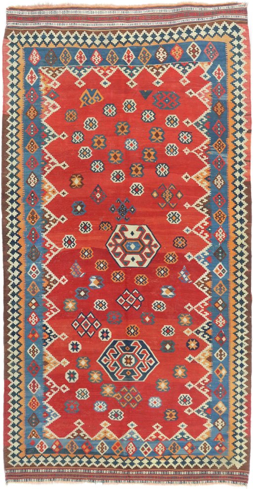 Full view of 1940s Ghashghai rug from Iran / Persia, 303 × 158 cm in Red tones