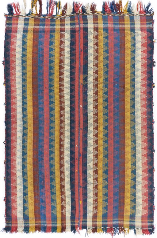 Full view of 1940s Ghashghai rug from Iran / Persia, 242 × 135 cm in Multi Color tones