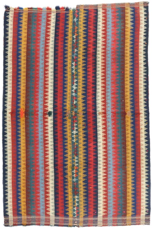 Full view of 1920s Ghashghai rug from Iran / Persia, 240 × 165 cm in Multi Color tones