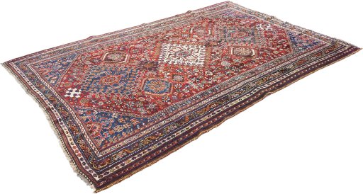 Corner detail of 1940s Ghashghai rug showing border pattern and Wool pile