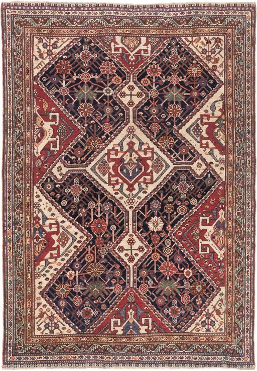 Full view of 1900s Ghashghai rug from Iran / Persia, 187 × 130 cm in Dark blue tones