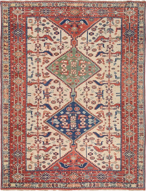 Full view of 2000s Ghashghai rug from Iran / Persia, 213 × 163 cm in Cream tones