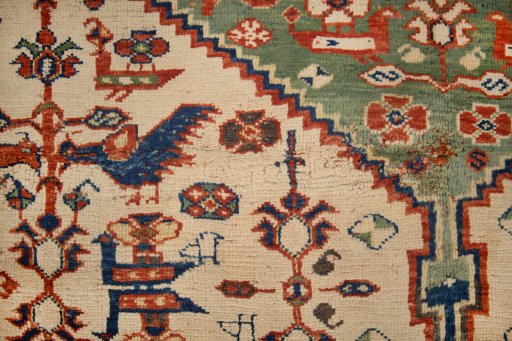 Full view of 2000s Ghashghai rug from Iran / Persia, 213 × 163 cm in Cream tones