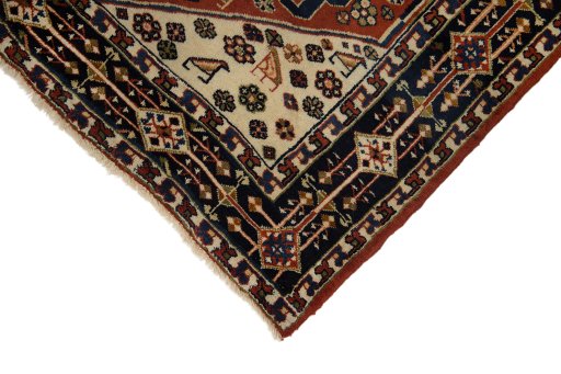 Backside of handmade New Ghashghai rug showing knot structure and weave density