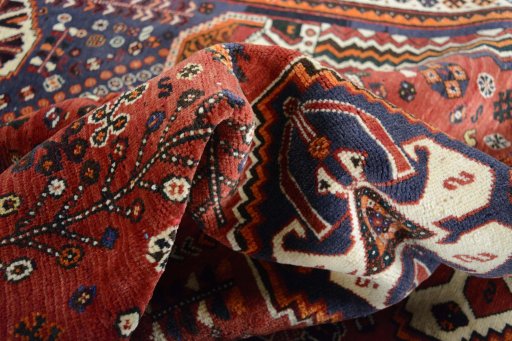 Close-up detail of 2000s Ghashghai rug from Iran / Persia showing Wool weave