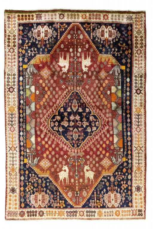 Full view of 2000s Ghashghai rug from Iran / Persia, 229 × 154 cm in Red tones