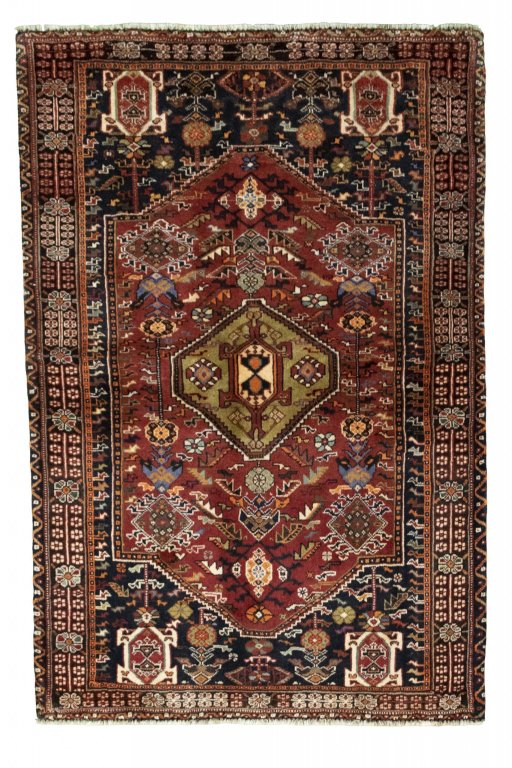 Full view of 2000s Ghashghai rug from Iran / Persia, 158 × 108 cm in Red tones