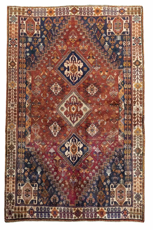 Full view of 2000s Ghashghai rug from Iran / Persia, 260 × 170 cm in Red tones