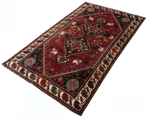 Corner detail of 2000s Ghashghai rug showing border pattern and Wool pile