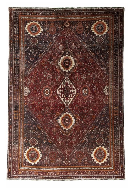 Full view of 2000s Ghashghai rug from Iran / Persia, 316 × 216 cm in Red tones
