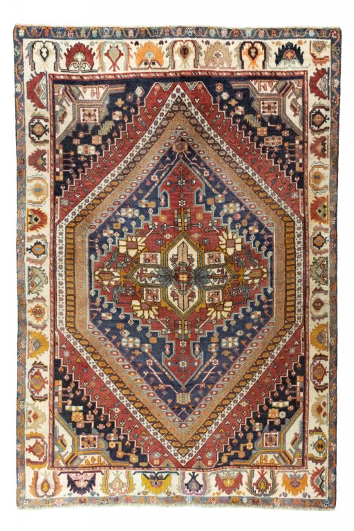 Full view of 2000s Ghashghai rug from Iran / Persia, 224 × 150 cm in Multi Color tones
