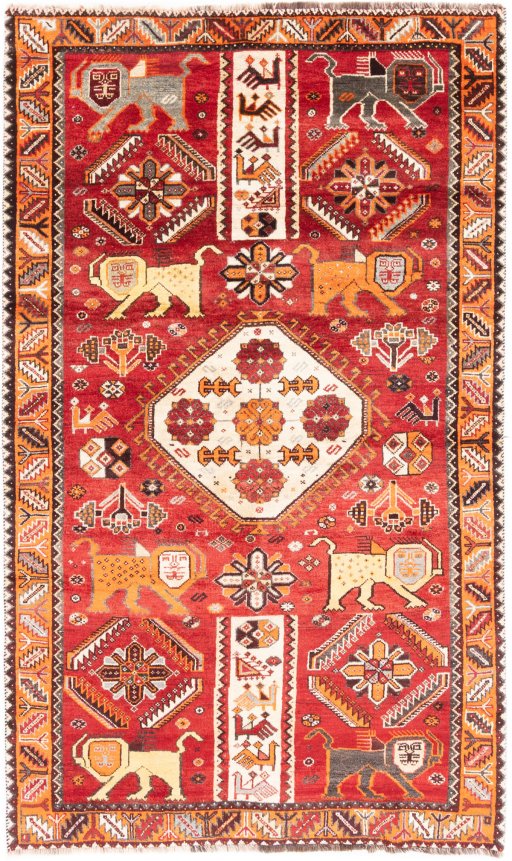 Full view of 1994s Ghashghai rug from Iran / Persia, 200 × 120 cm in Red tones