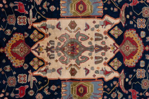 Full view of 1984s Ghashghai rug from Iran / Persia, 197 × 123 cm in Multi Color tones
