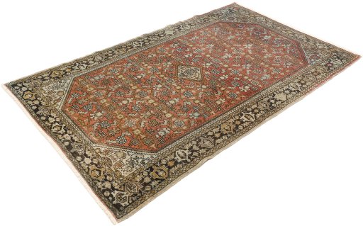 Corner detail of 1940s Hamedan rug showing border pattern and Wool pile