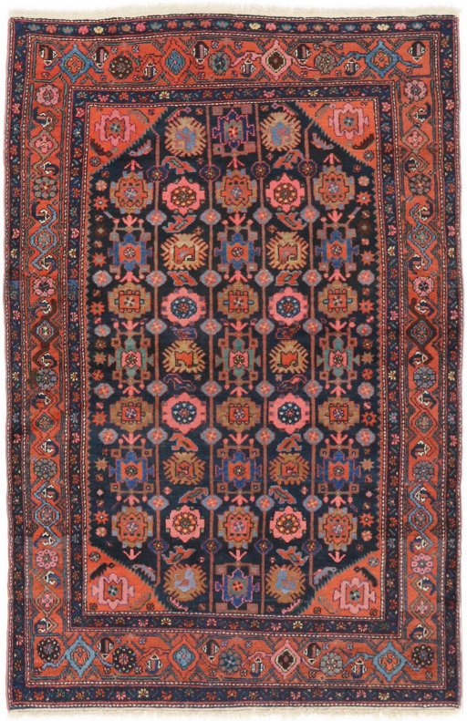 Full view of 1920s Hamedan rug from Iran / Persia, 198 × 132 cm in Dark blue tones