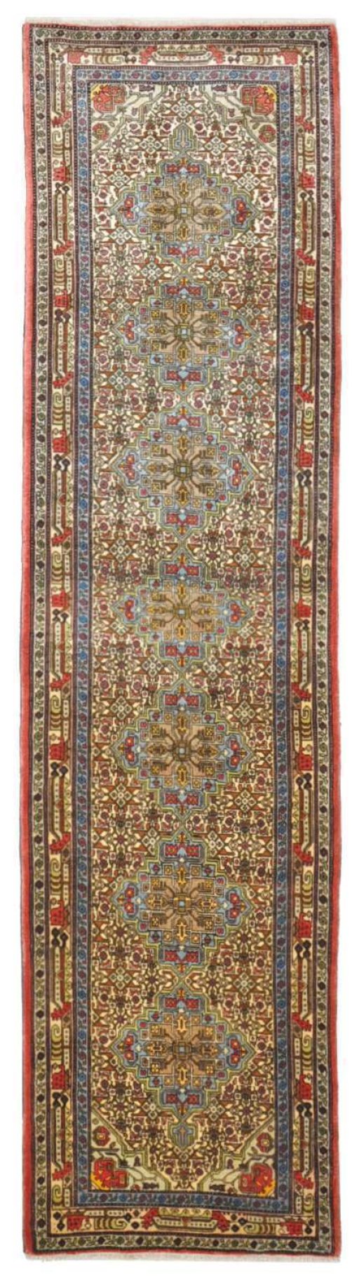 Full view of New Hamedan rug from Iran / Persia, 303 × 77 cm in Beige tones