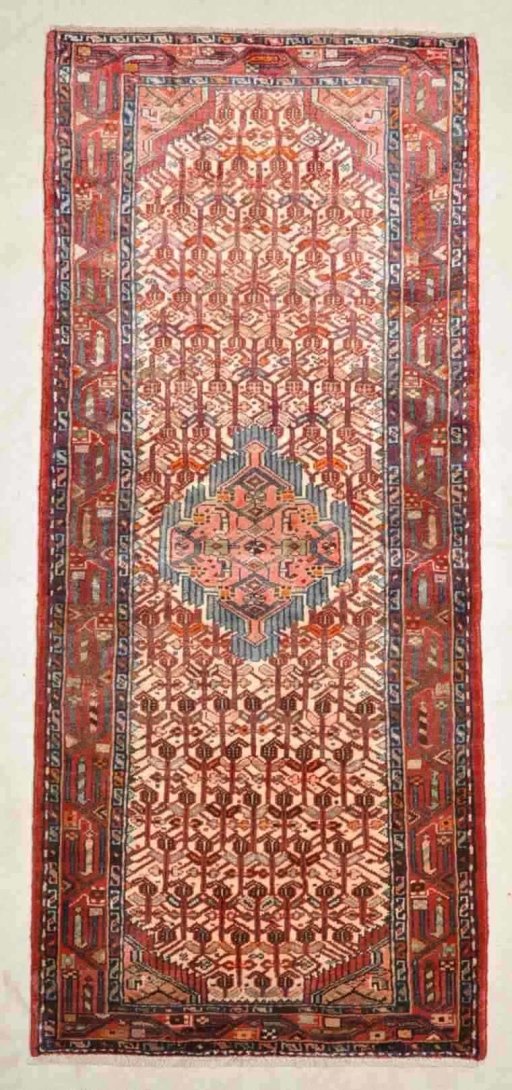 Full view of 2000s Hamedan rug from Iran / Persia, 191 × 82 cm in Beige tones