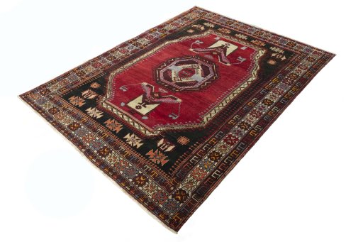 Corner detail of 2000s Hamedan rug showing border pattern and Wool pile