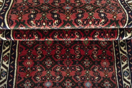 Full view of New Hamedan rug from Iran / Persia, 406 × 77 cm in Red tones