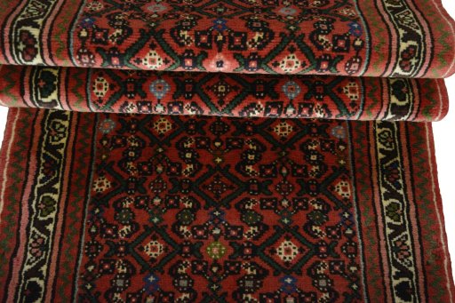 Full view of New Hamedan rug from Iran / Persia, 287 × 75 cm in Red tones