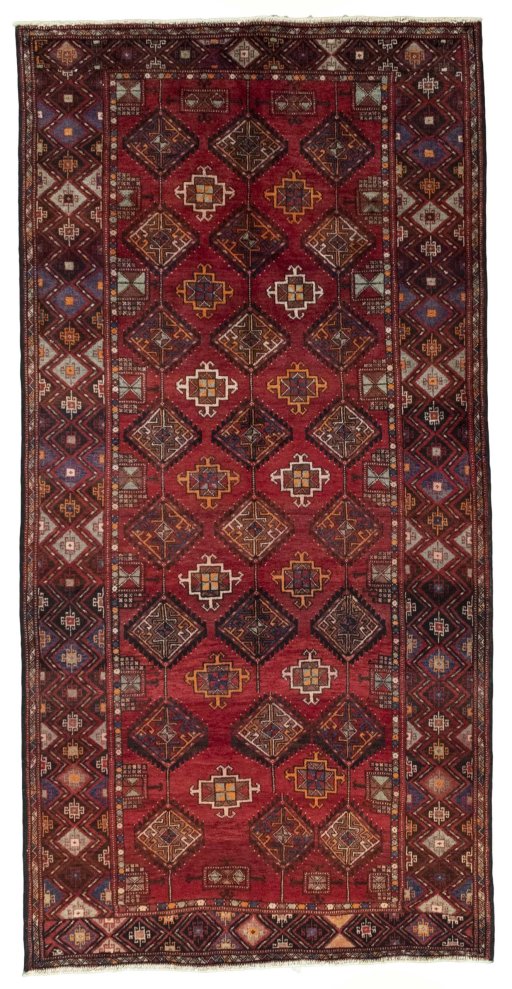 Full view of 1970s Hamedan rug from Iran / Persia, 309 × 154 cm in Red tones